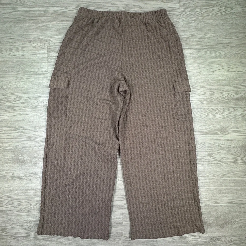 French Laundry Women's Cargo Pants‎ Textured Wide Leg Brown Large Elastic Waist